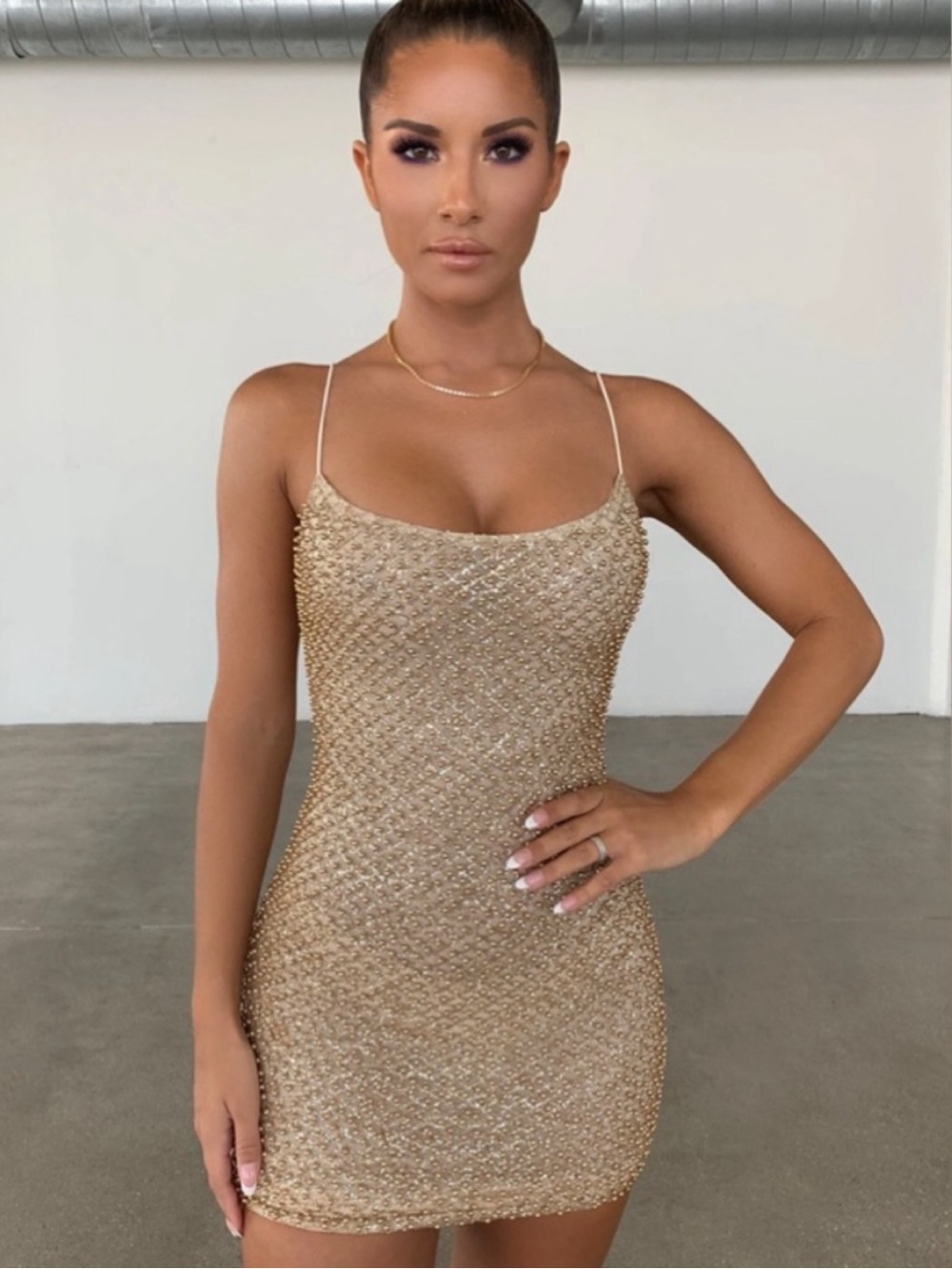 Oh Polly NEW Gold Sequin Spaghetti-Strap Mini Dress STRECHY
